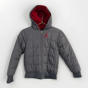 Jordan Jacket Boys Medium 10-12 Gray Puffer Windbreaker Full Zip Hooded Jump Man
